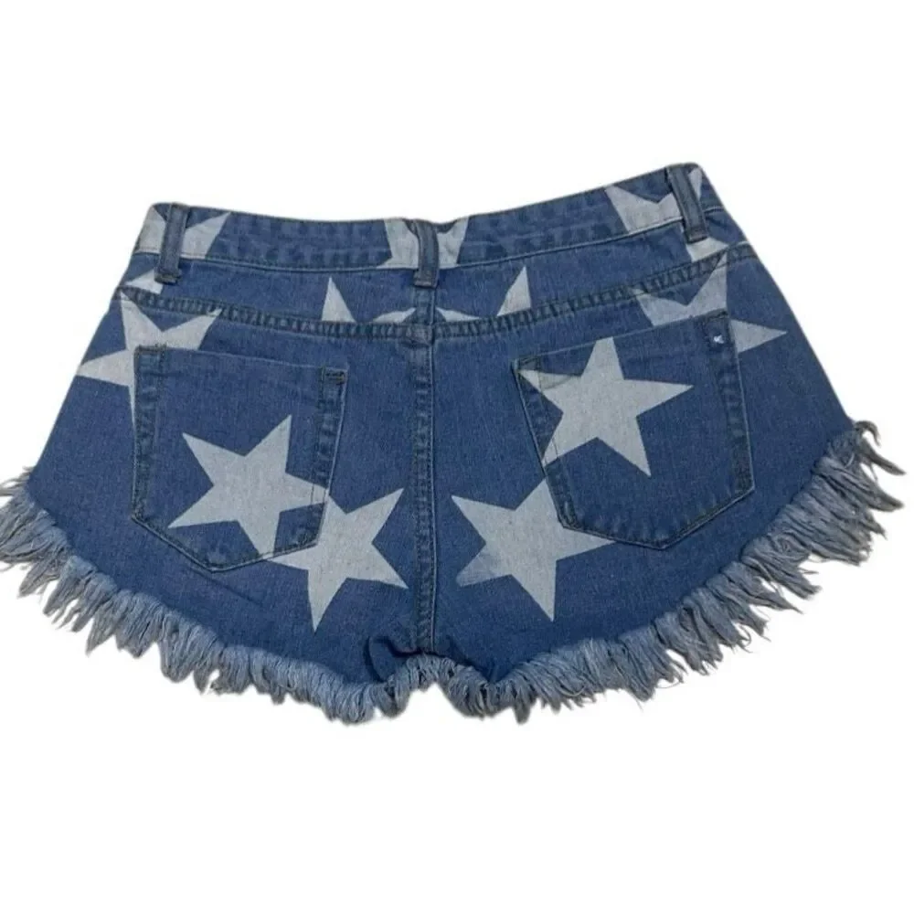NWOT Shein Jean Shorts Women's Medium Blue Star Print Frayed Mid-rise